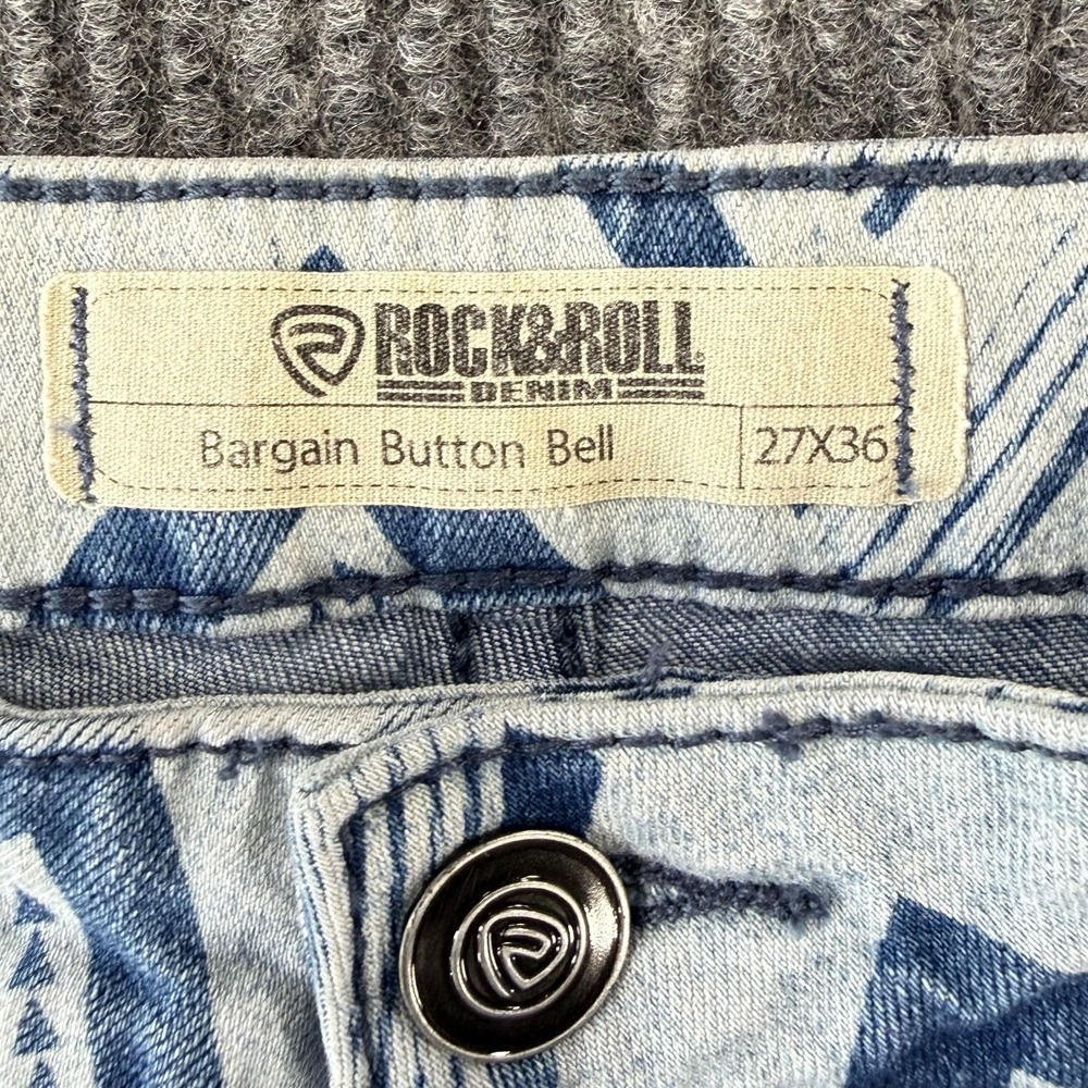 Rock & Roll Denim Bargain Button Bell Flare Jeans Womens 27x36 Blue Geometric - Picture 4 of 15